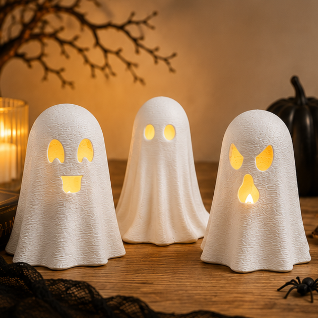 Kit 3 Fantasmas Halloween Porta Vela LED Decoração de Mesa Enfeite Festa Dia das Bruxas Criativo
