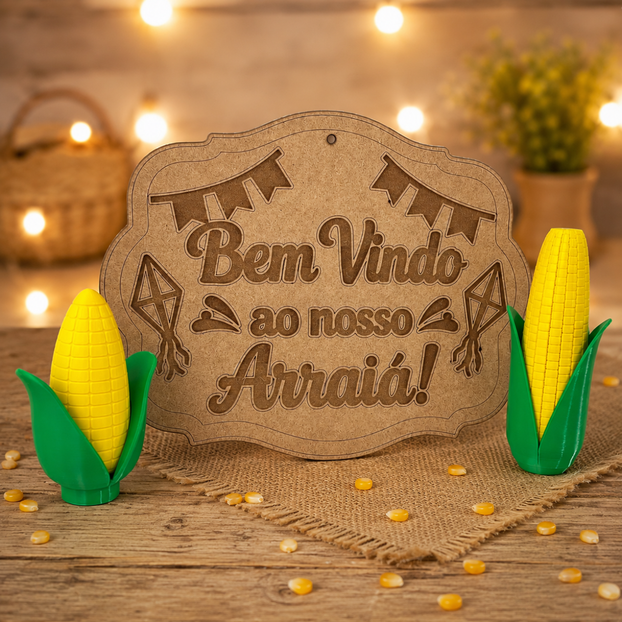 Kits Festa Junina Decorativo Milhos e Placa MDF Arraiá São João
