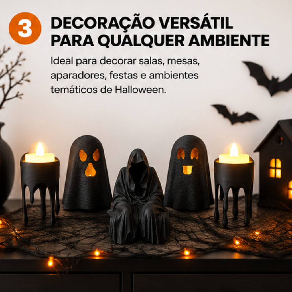 Kit Halloween Decorativo Com LED Fantasma Chapéu Bruxa Enfeite Mesa Festa Terror 3D