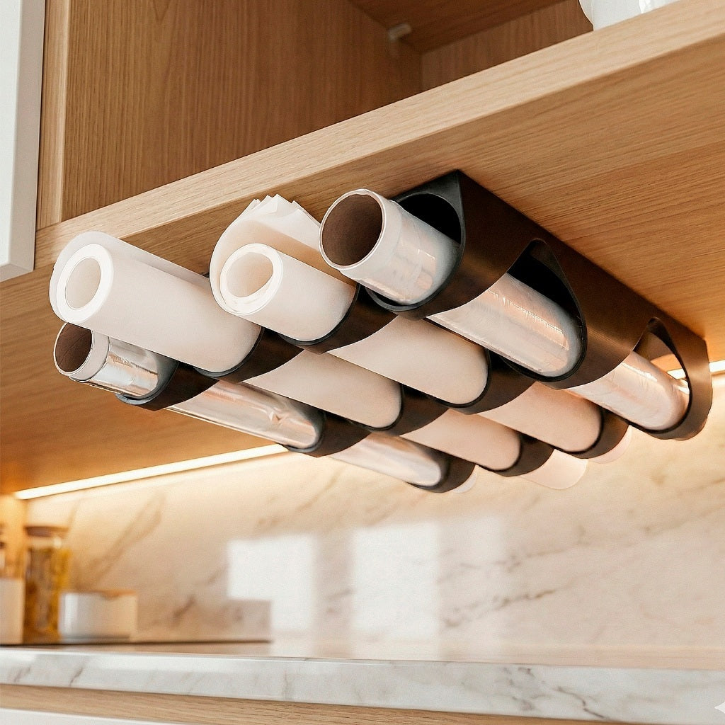 Suporte para Rolos de Cozinha Organizador de Armário | Porta Papel Toalha, Filme e Alumínio | Organizador Casa