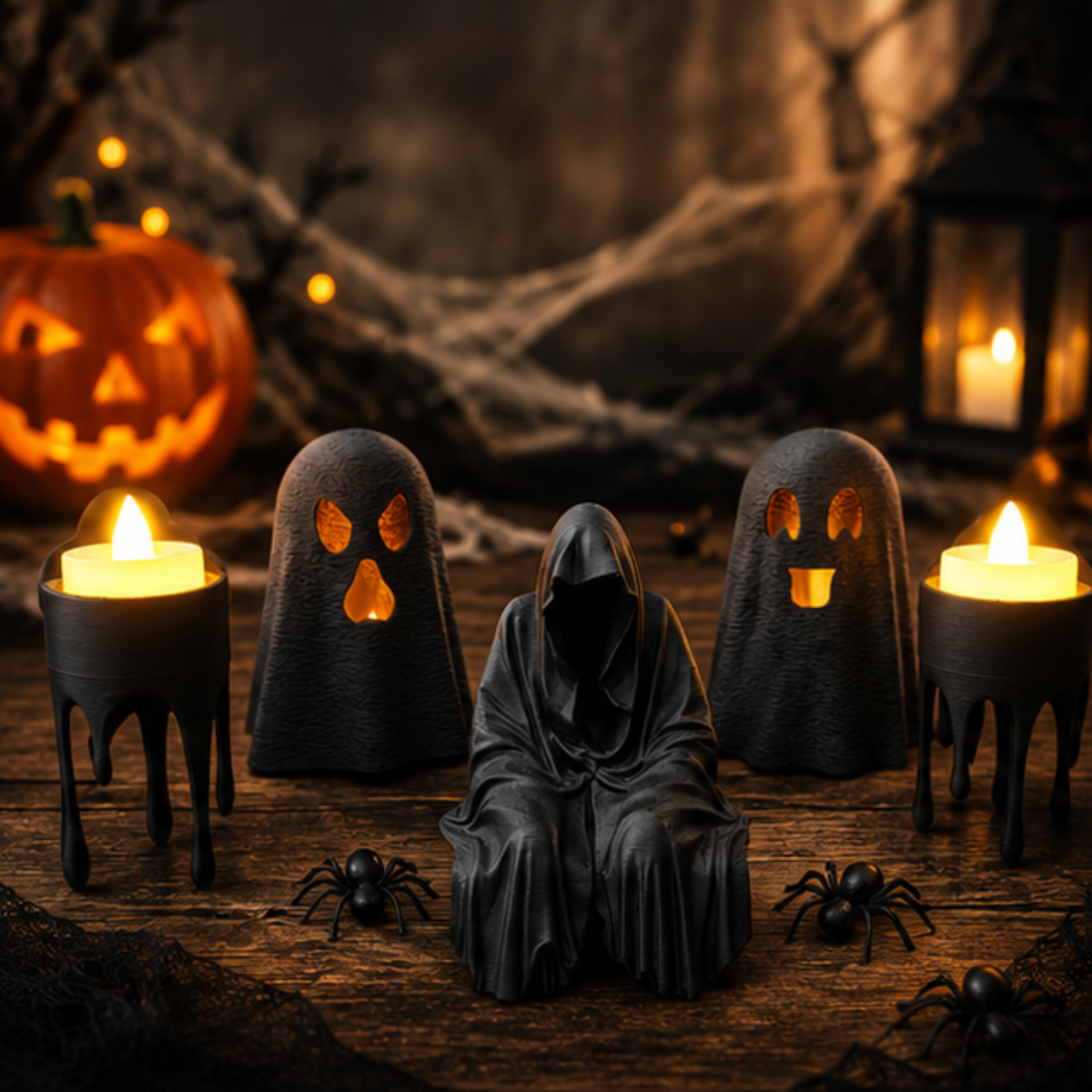 Kit Halloween Decorativo Com LED Fantasma Chapéu Bruxa Enfeite Mesa Festa Terror 3D