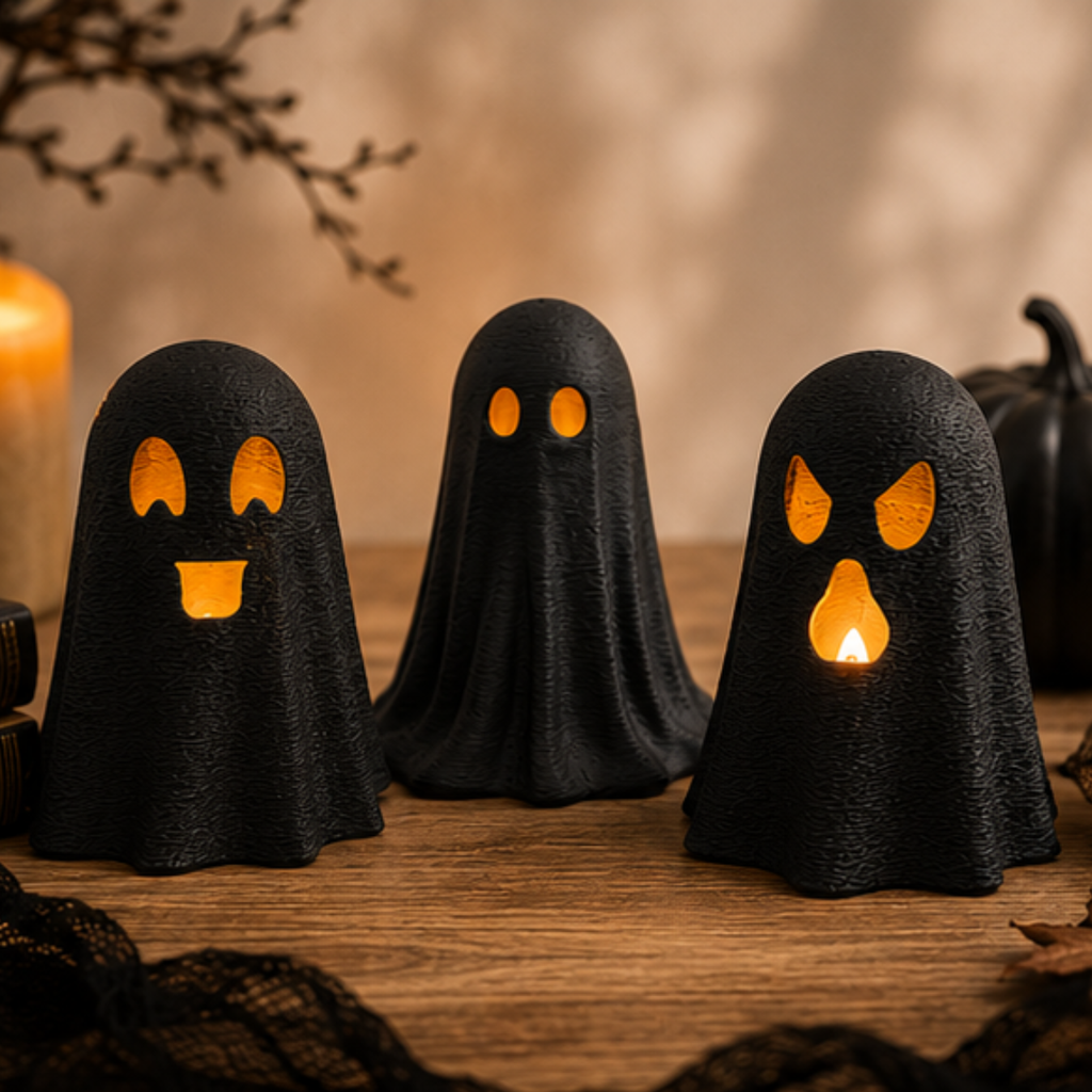 Kit 3 Fantasmas Halloween Porta Vela LED Decoração de Mesa Enfeite Festa Dia das Bruxas Criativo