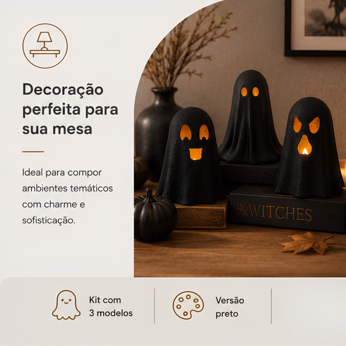 Kit 3 Fantasmas Halloween Porta Vela LED Decoração de Mesa Enfeite Festa Dia das Bruxas Criativo